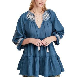 Free People Embroidered Boho Peasant Tunic Top Teal Blue Women’s Medium